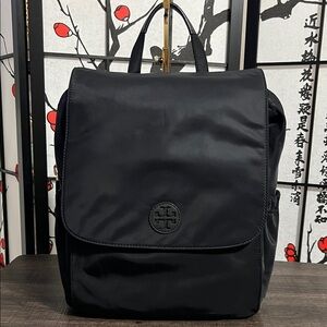 Tory Burch Black Nylon Flap Diaper Backpack with Logo